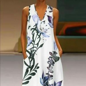 Women Sleeveless Long Dress Floral Print Pocket